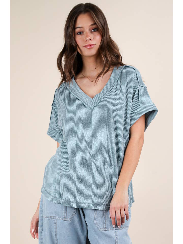 VERY J – wholesale Knit top – Women's – NT12075-Soft Two Tone Casual Comfy Ribbed Knit Top