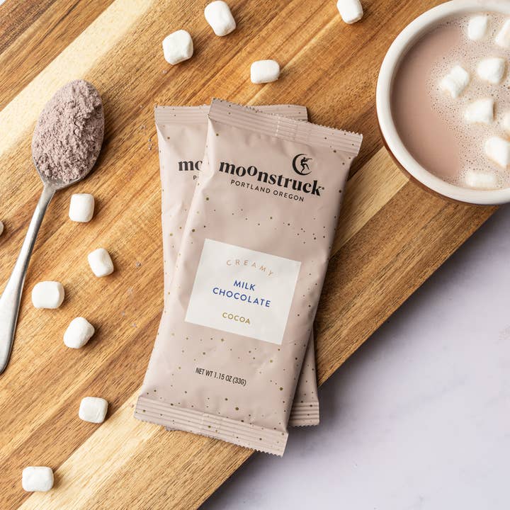 Creamy: Milk Chocolate Hot Cocoa Single Serving Pouch for wholesale by Moonstruck Chocolate Co