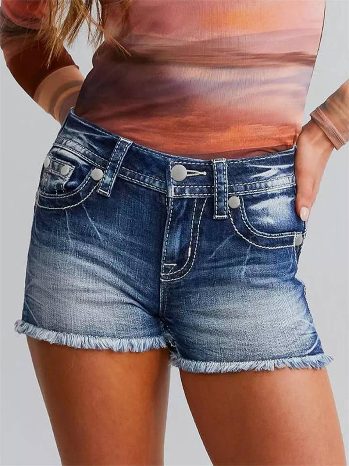 DarkBlue Horseshoe embroidered denim shorts for wholesale on Faire4