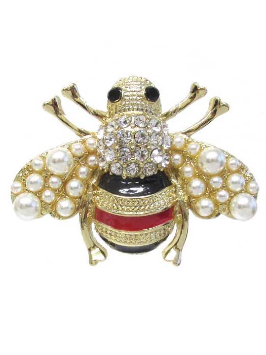( U205 ) CRYSTAL PEARL BEE PIN OR BROOCH for wholesale by Jewelry Max