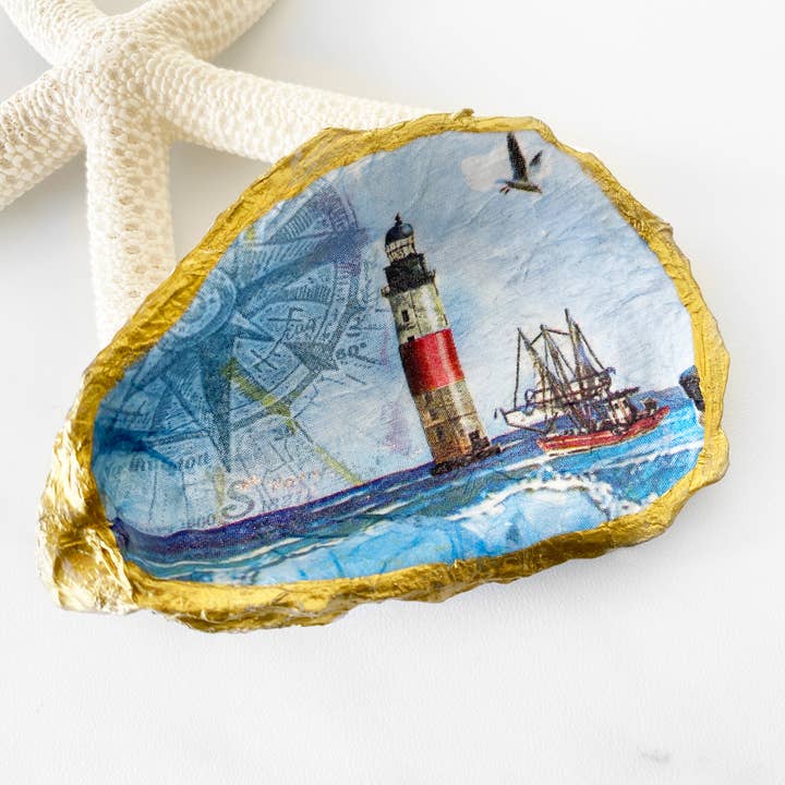 Nautical Lighthouse Decoupage Oyster Shell Trinket Dish for wholesale by Adori Designs