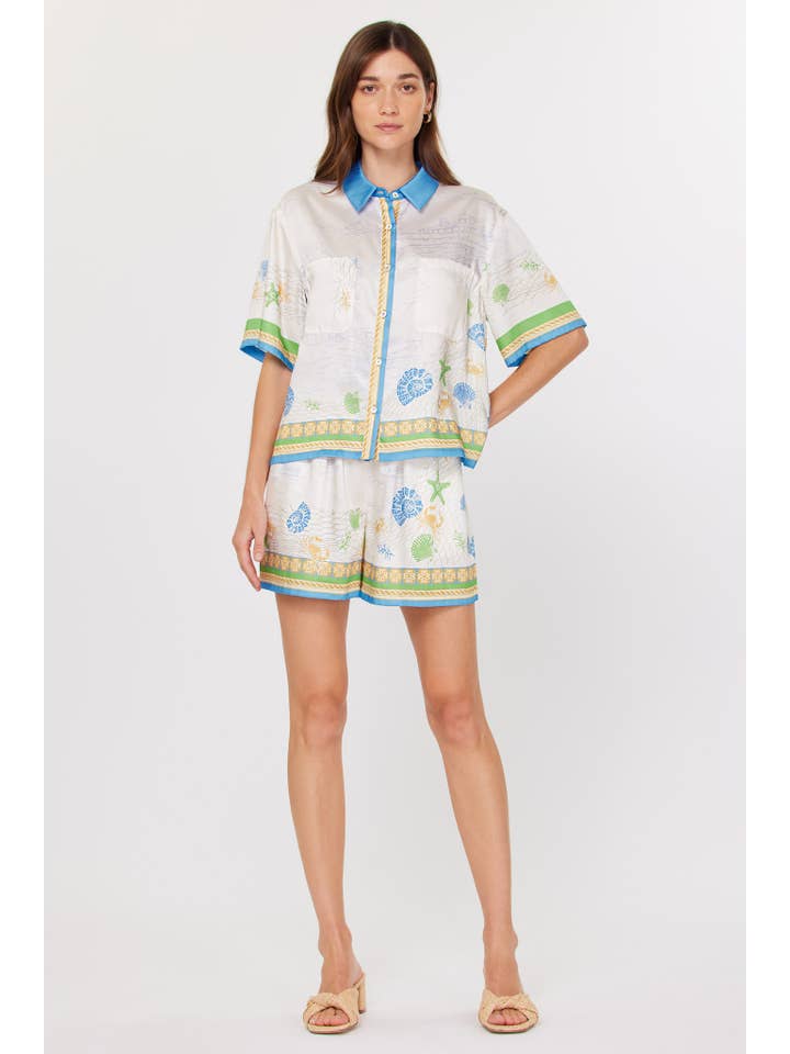 Blue Mlt Bordered Coastal Print Button Front Top for wholesale on Faire