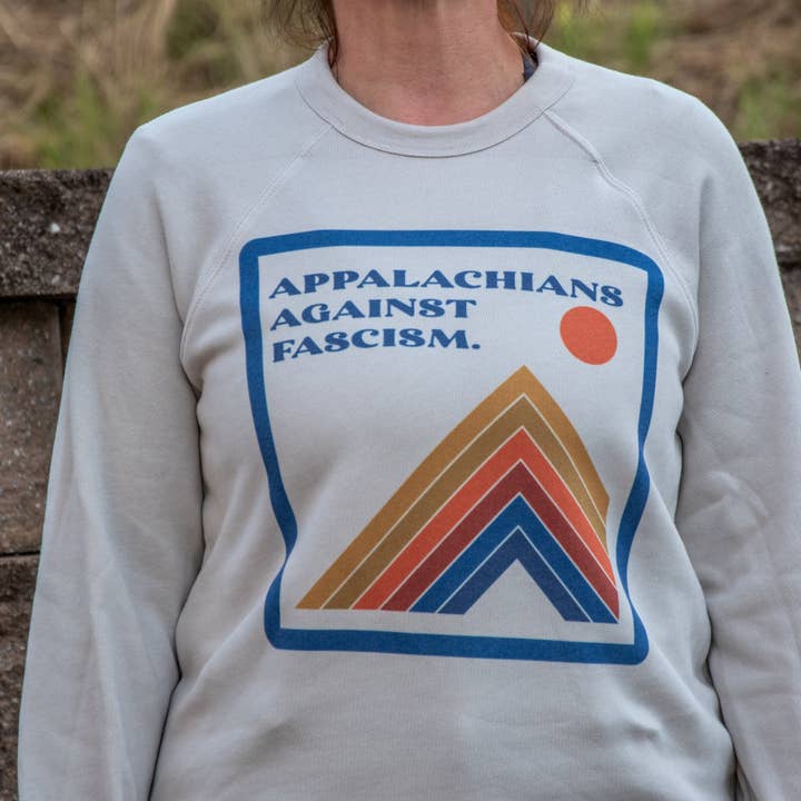 Handprinted Sweatshirt | Appalachians against fascism 70's Mountain | Unisex Tri-Blend | Heather Dust for wholesale by In Blue Handmade