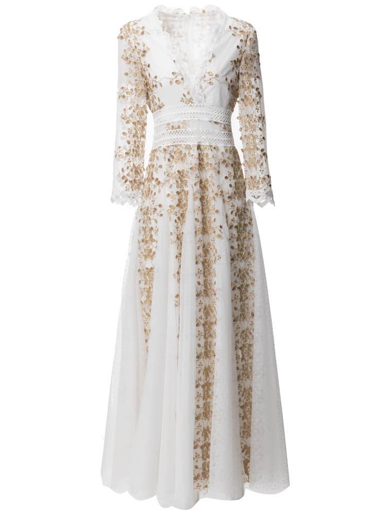 Productseeker – wholesale Gown – Women's – DR816L V-Neck Mesh Dress with Handmade Floral Embroidery2