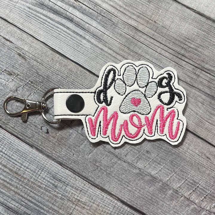 Sew Cute Creations By Sydni - Wholesale Keychain - Women's - “Dog Mom” Keychain (White, Pink, Grey, Black), Embroidered Keychain