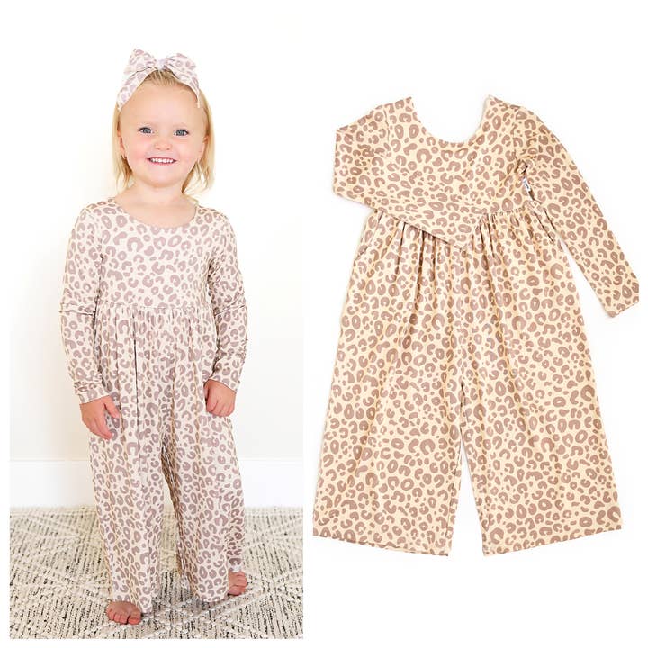 Amari Leopard WIDE LEG ROMPER Bamboo Kids Clothing Outfit for wholesale by Gigi and Max