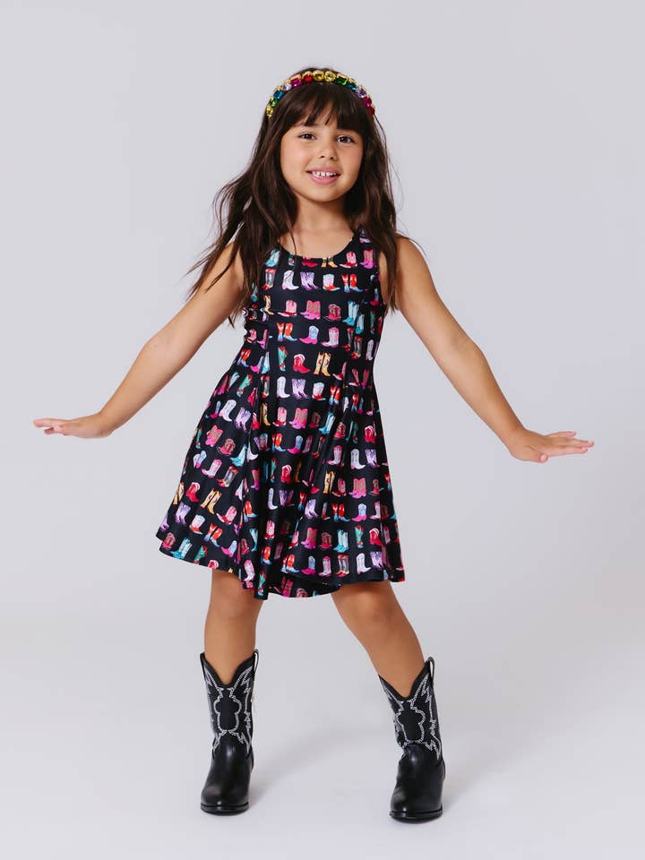 Girls Skater Dress in Cowgirl Boots on Black for wholesale by Terez