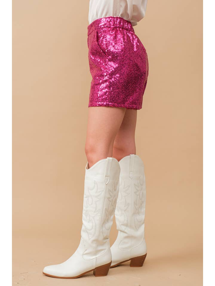 FUCHSIA 22573P - Sequin Zip Up Elastic Back Shorts for wholesale on Faire3