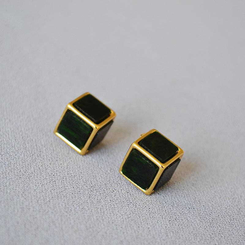 Revelari - Wholesale Stud/Post Earrings - Gold and Green Cube Stud Earrings0