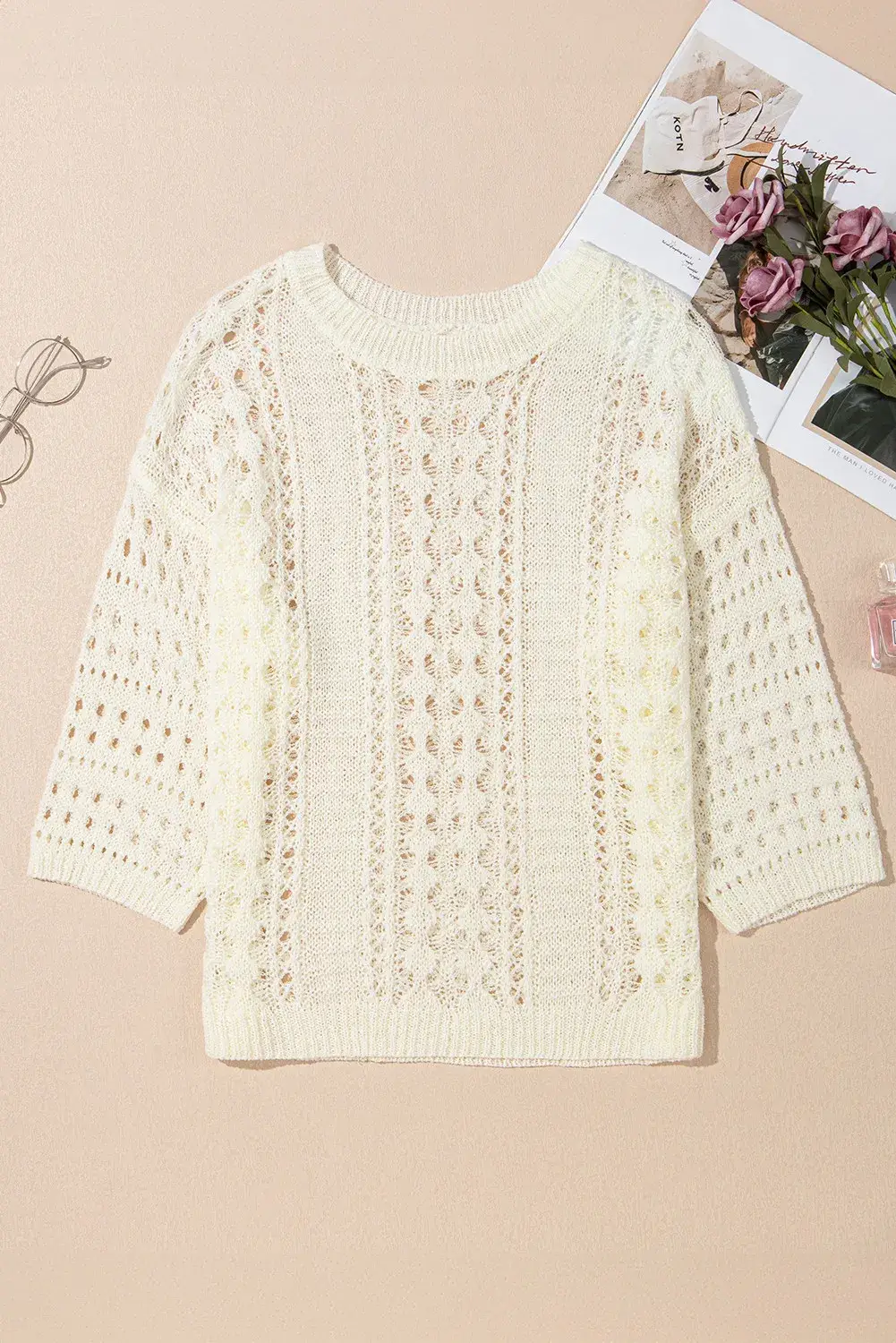 White Hollow Out Knit Bracelet Sleeve Drop Shoulder Sweater for wholesale on Faire3