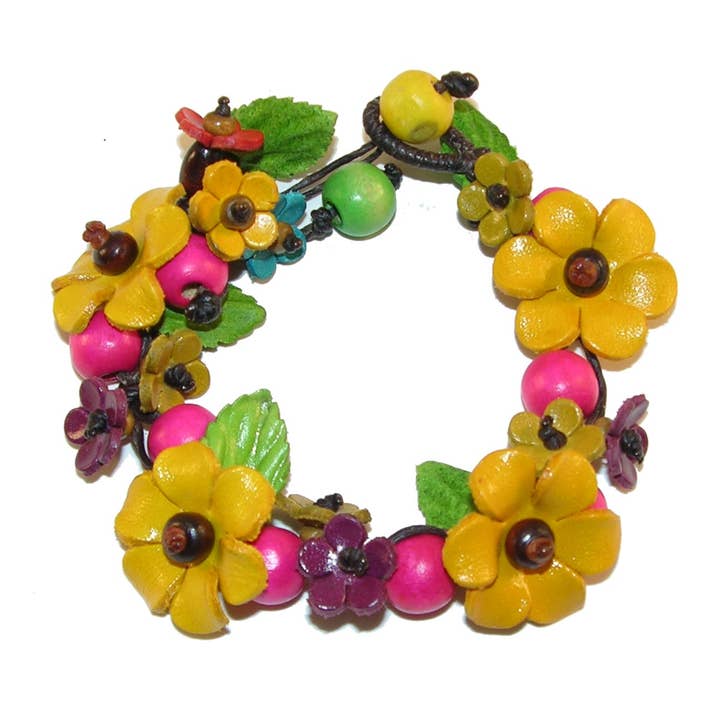Sunflower Handmade leather inc – wholesale Pärlarmband – läderblommigt snyggt armband med träpärlor