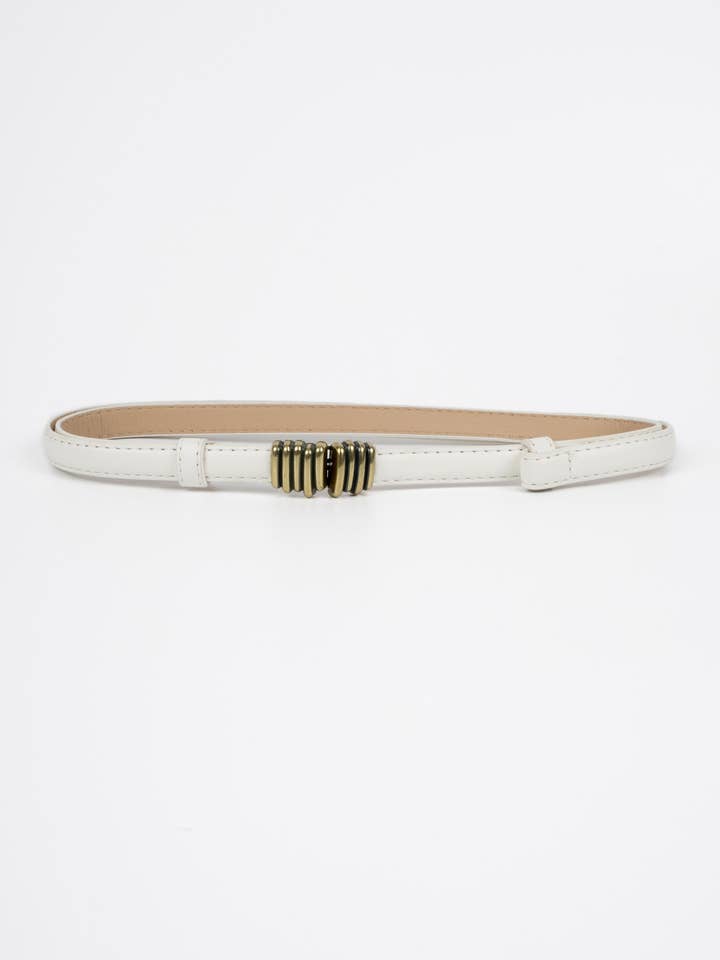 Vegan PU Leather Belt - Nevers - Vertical Lines Buckle - Gold / White - 100cm for wholesale by Nakoa The Label