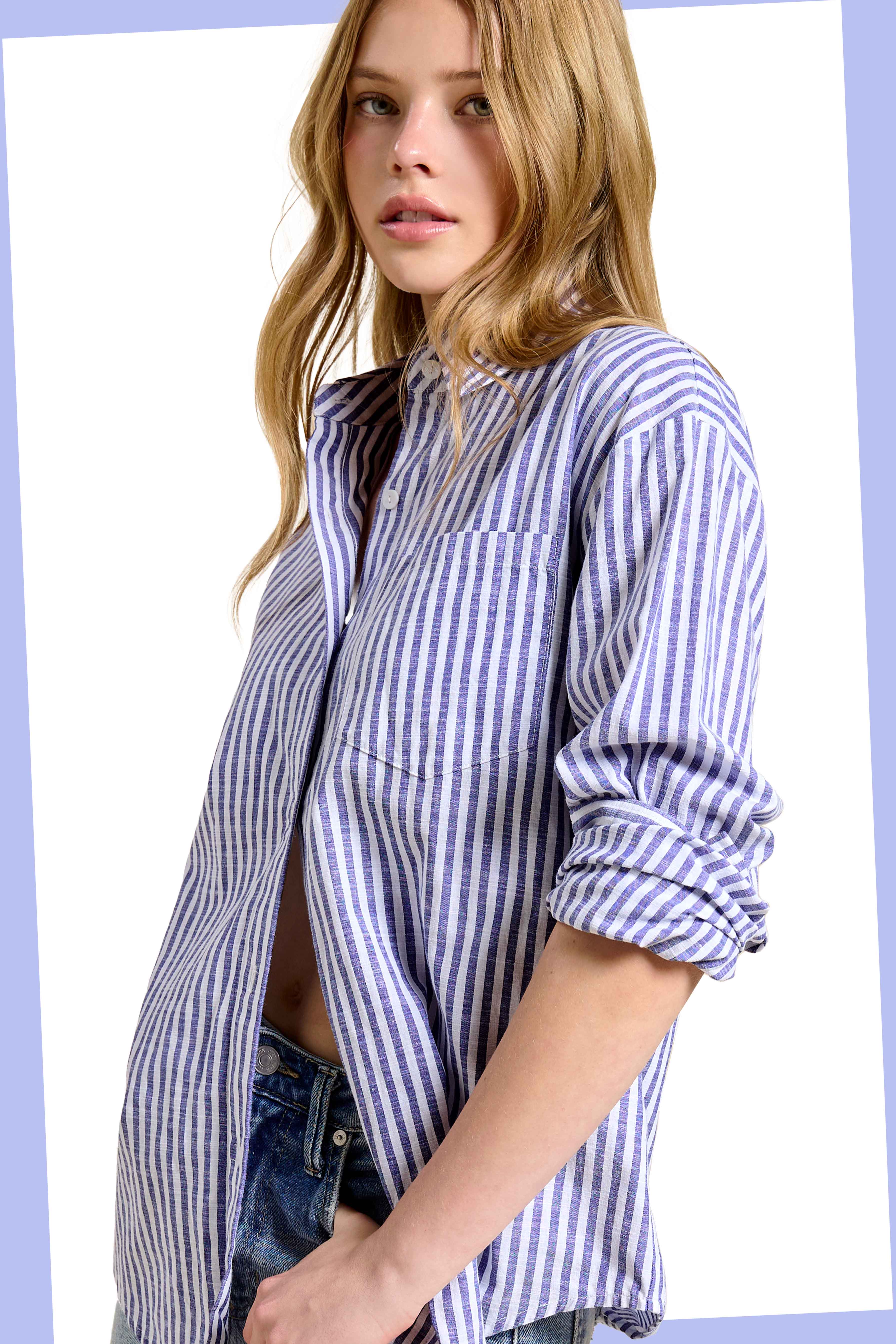 La Miel - Wholesale Button Down Shirt - Women's - SRT7903-Collared Contrast Stripe Button Down Shirt11