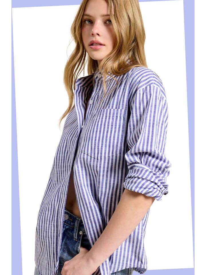 La Miel - Wholesale Button Down Shirt - Women's - SRT7903-Collared Contrast Stripe Button Down Shirt11