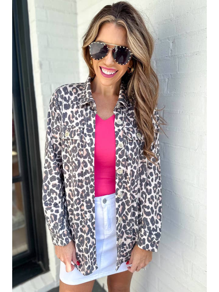 Pink Chelsey Button Up Top, Leopard for wholesale on Faire2