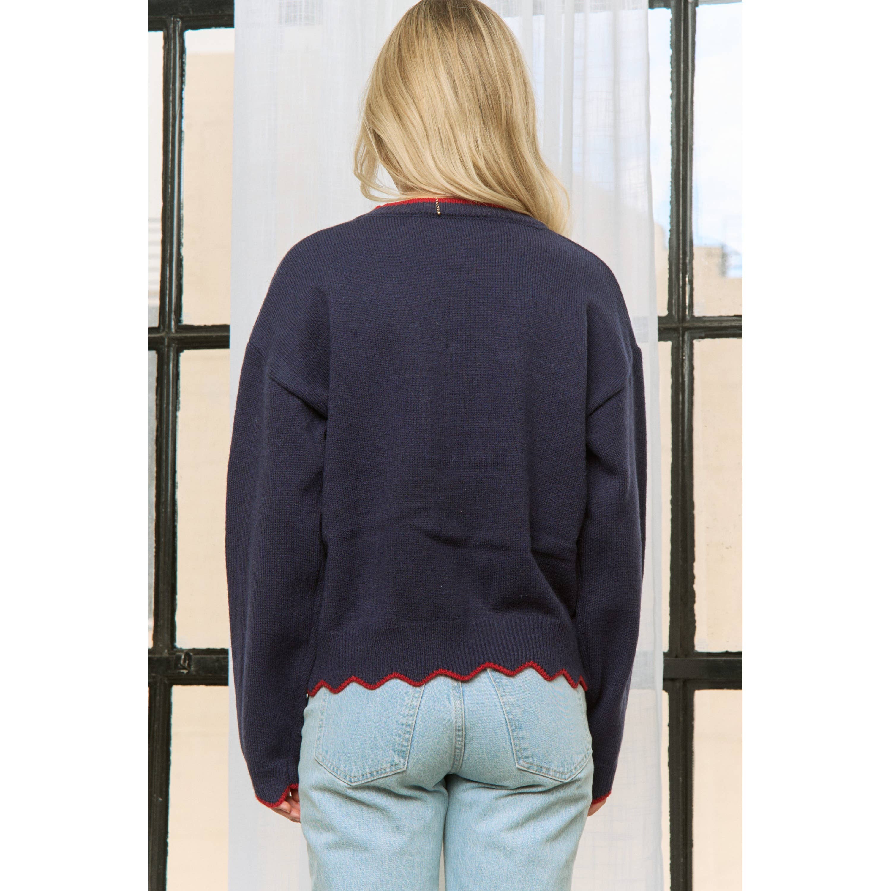 Navy Multi CHIC PUPPY JAQUARD SCALLOP EDGES SWEATER PULLOVER for wholesale on Faire10