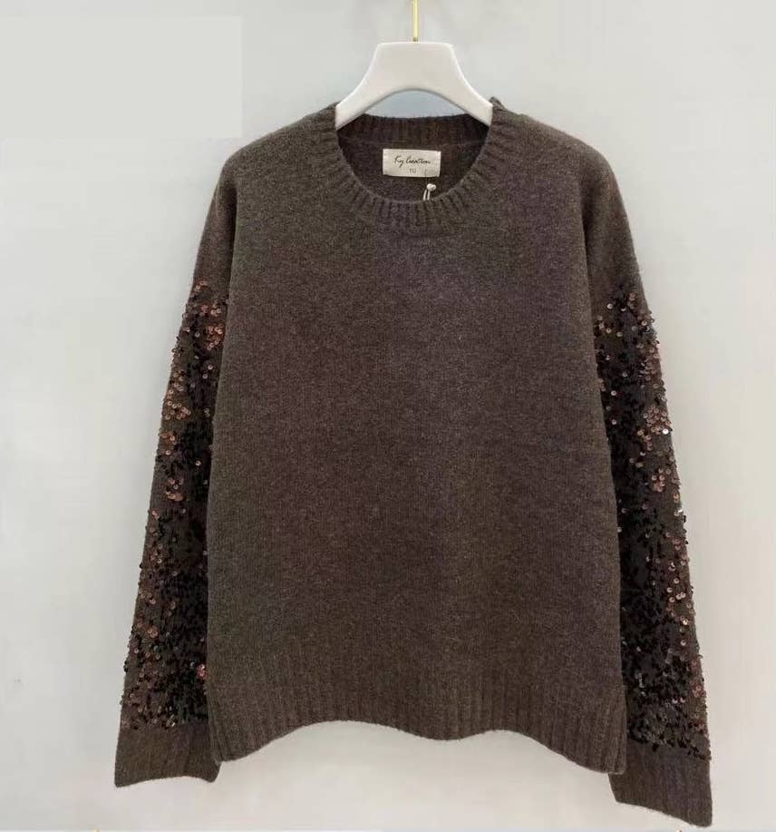KY CREATION PARIS - Wholesale Knit Sweater - Women's - Round neck sweater with sequin sleeves2