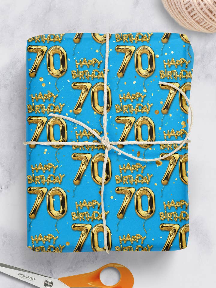 70e verjaardagscadeauwrap blauw **Pak van 2 vellen gevouwen ** voor wholesale door Brainbox Candy