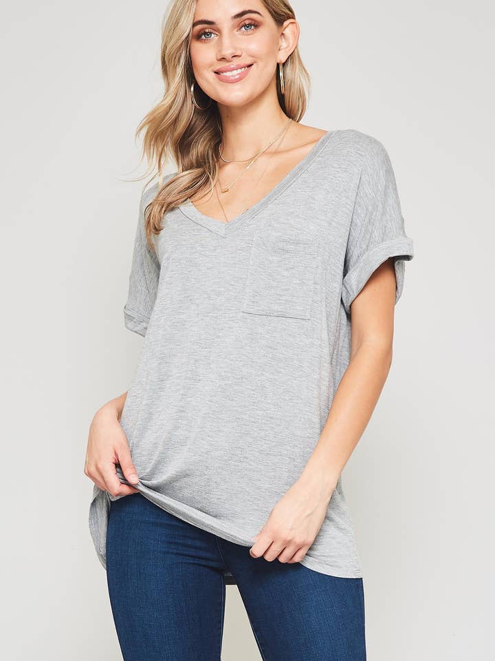 .SI-3953 V-Neck Folded Sleeve Front Chest Pocket tunic for wholesale by 42POPS