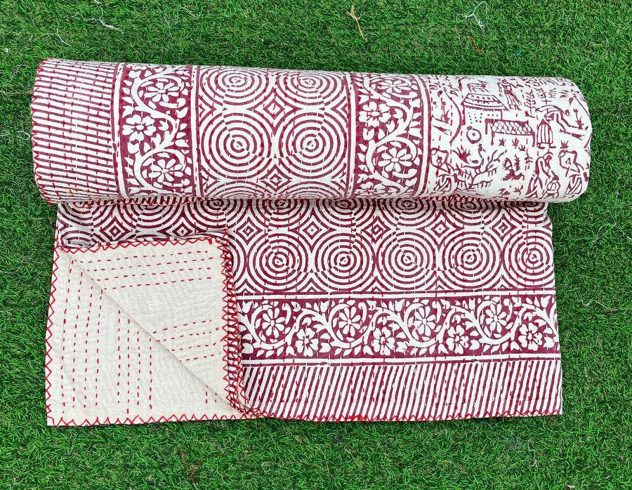 bhavnas boutique – wholesale Quilt – Printed Kantha Quilt Indian Cotton Queen Size Bedding Quilts5