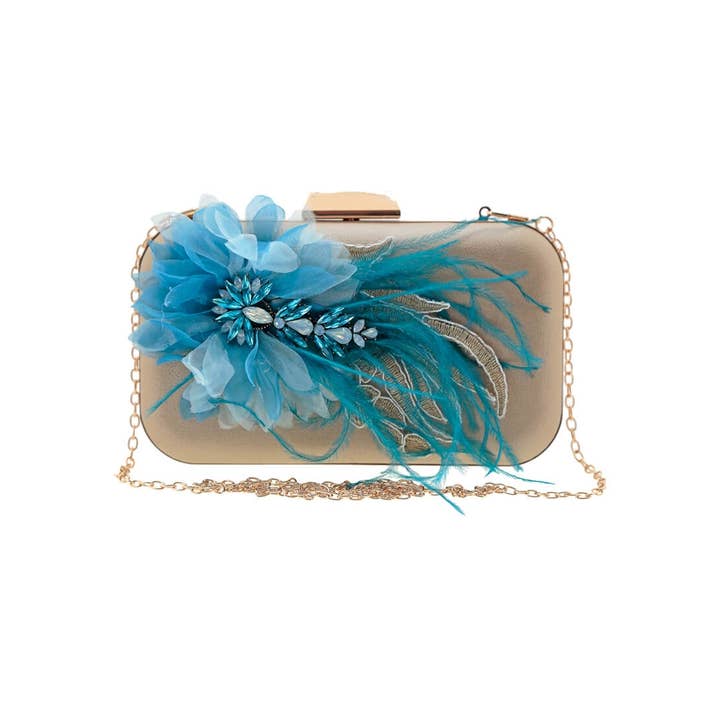 Flormoda – Großhandel Clutch – Damen – Vanessa Aquamarine Clutch mit Federn