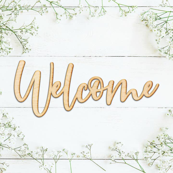 Welcome Jules Script Wood Cut Sign for wholesale by Woodums