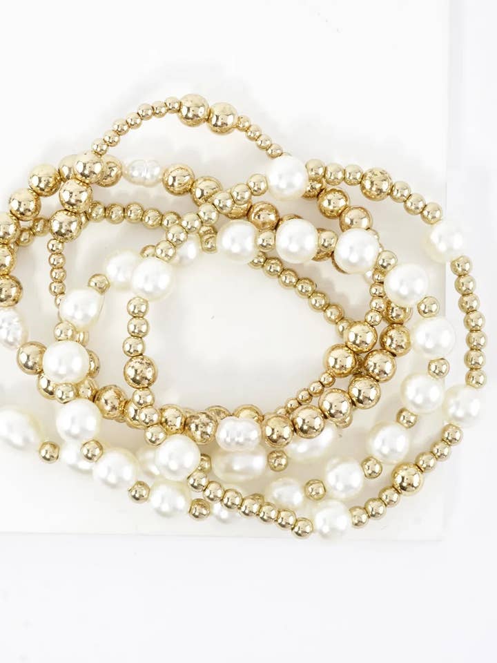 5PC Mix Pearl Metallic Beads Stretch Bracelets Set for wholesale by Wild Honey