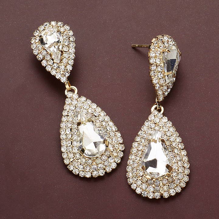 Teardrop Stone Centered Rhinestone Paved Rim Dangle Evening for wholesale by Sensibling Corp.