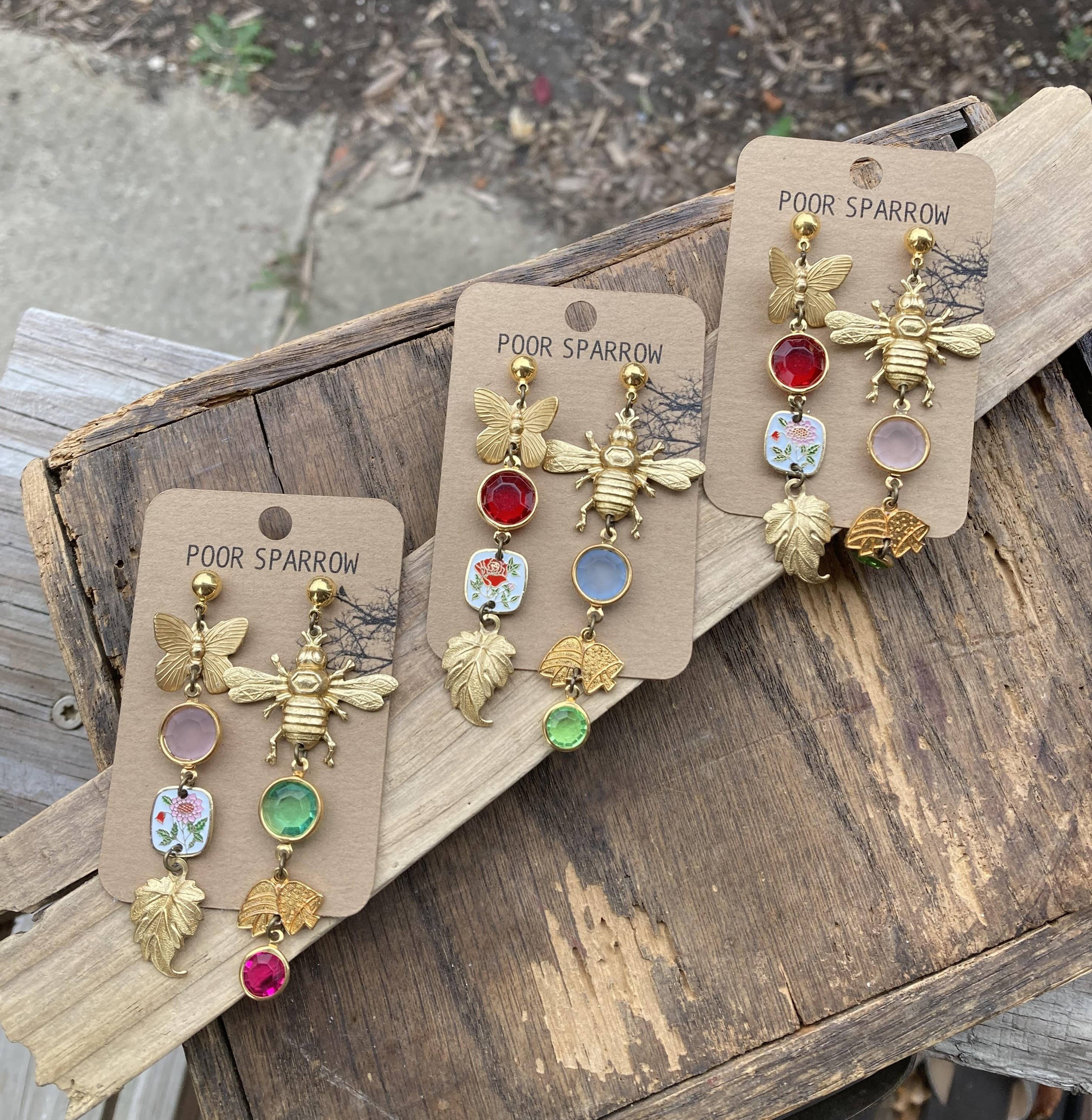 Poor Sparrow - Wholesale Dangle Earrings - Nature Study Brass & Crystal Charm Earrings4