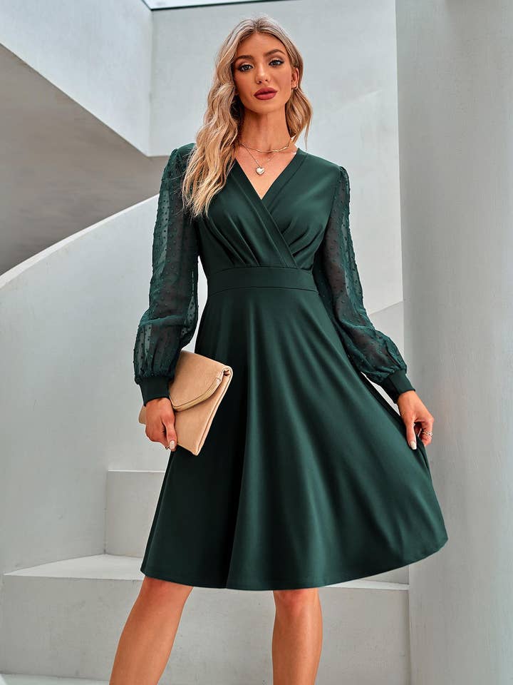 ePretty - Wholesale Dress - Women's - SZ2-DR52262 Faux Wrap Swiss Dots Long Sleeve Dress