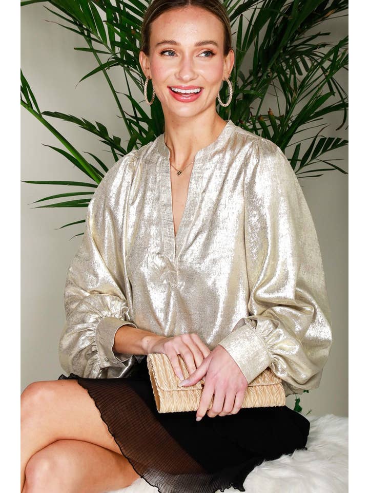 Vine & Love - Wholesale Blouse – Women’s - Henley Neck Long Balloon Sleeve Metallic Blouse Top VT81244F12