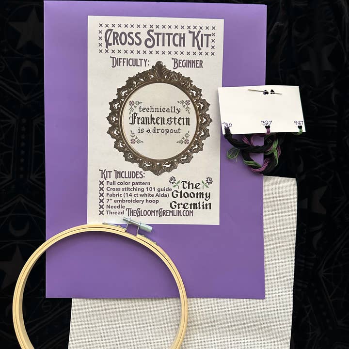 The Gloomy Gremlin - Wholesale Embroidery/Cross Stitch Supplies - Frankenstein is a Dropout - Cross Stitch Kit 1
