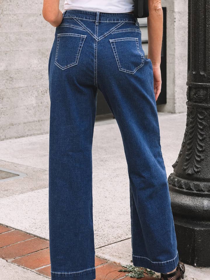Sail Blue Stitched Waist Detail Loose Cuffed Jeans for wholesale on Faire4