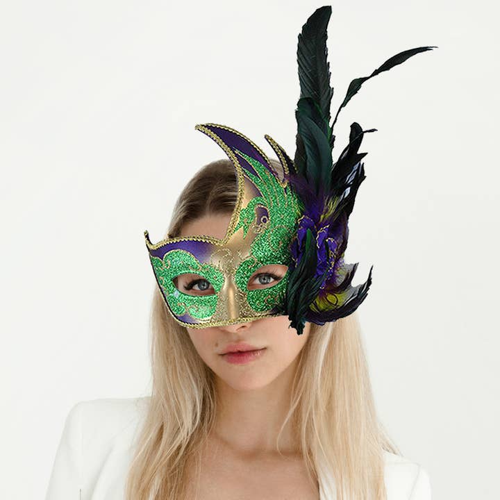 Maschera veneziana con piume Mardi Gras Masquerade per la vendita all'ingrosso da parte di Sensibling Corp.