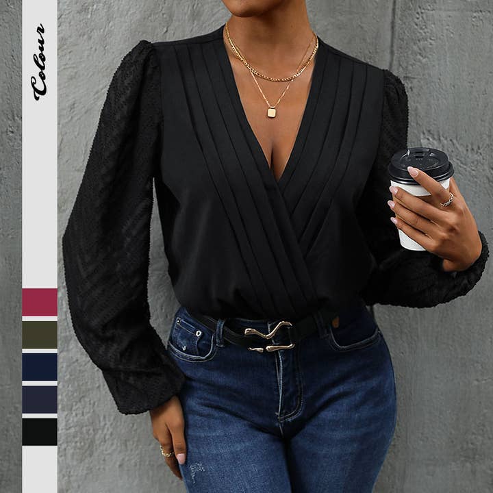 Elegant Ruched V-Neck Lace Sleeve Bodysuit for wholesale by onatorobi