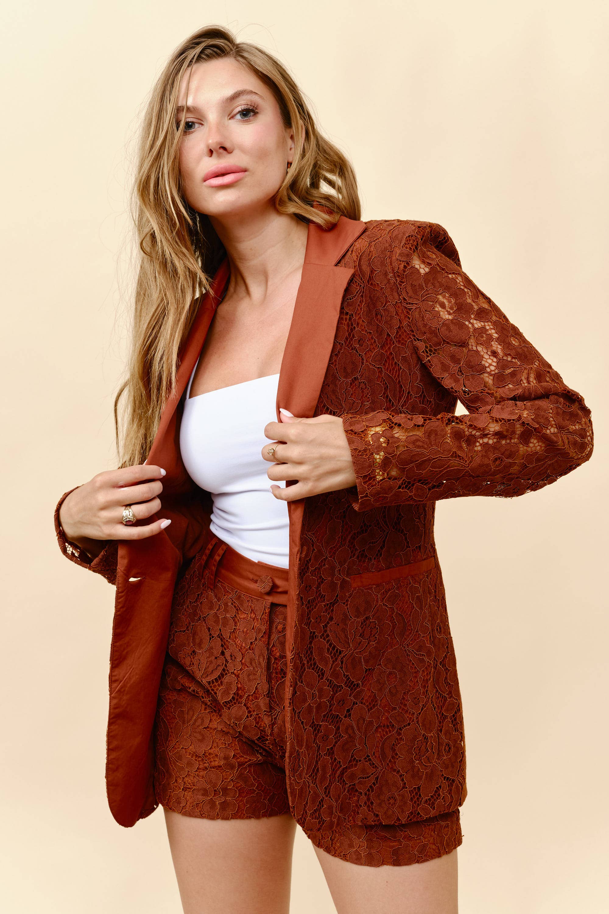 Tea & Cup - Wholesale Top & Short Set (NOT Loungewear) - Women's - Floral lace fitted blazer and shorts set 11