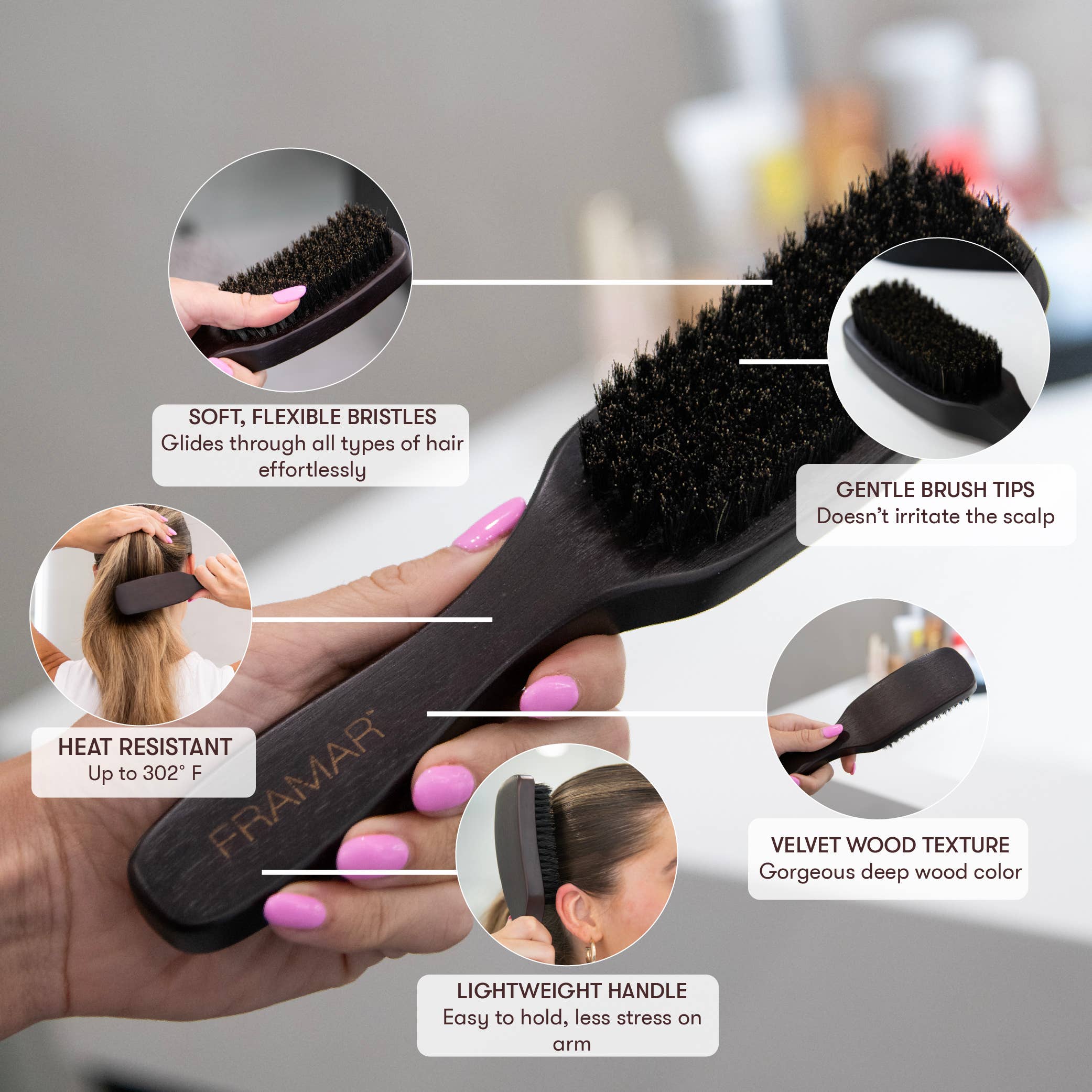 Framar Hair Brushes & Hair Accessories - Wholesale Hair Brush/Comb - FRAMAR Boar Bristle Hair Brush, Wooden Slick Back Hair Brush5