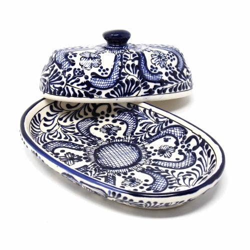 Global Crafts - Vente Beurriers - Beurrier artisanal en poterie Encantada, motif fleur bleue3