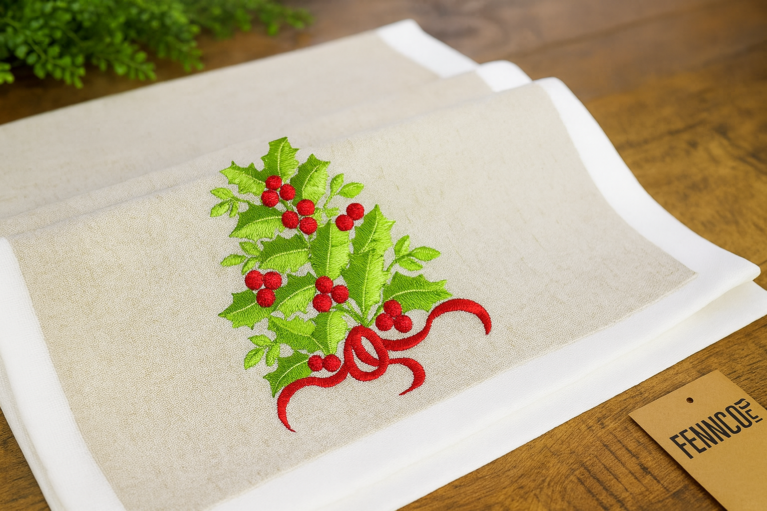 Fennco Styles - Wholesale Table Runner - Natural and White Embroidered Holly Tree Table Runner2