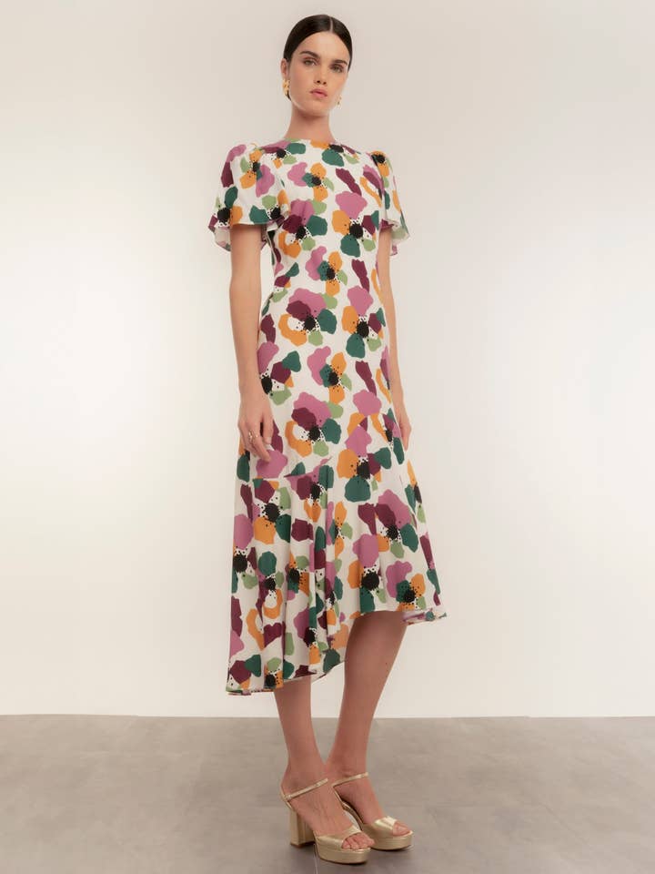 Midikleid mit Laternenärmeln, asymmetrischer Rüsche am Saum für den Großhandel von Dolores Promesas