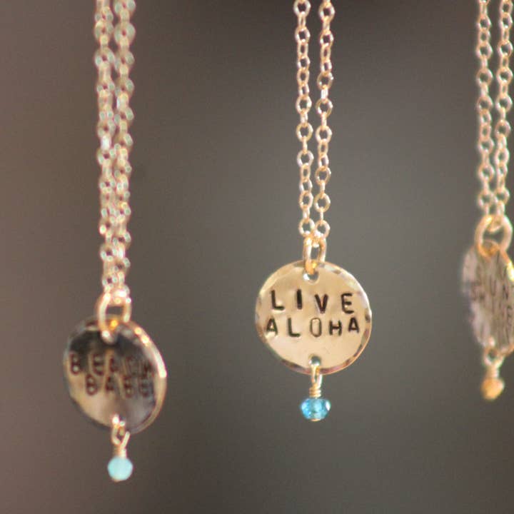 Beach Babe Hawaii - Wholesale Pendant/Charm Necklace - Custom Hand Stamped Coin Necklace with Gemstone4
