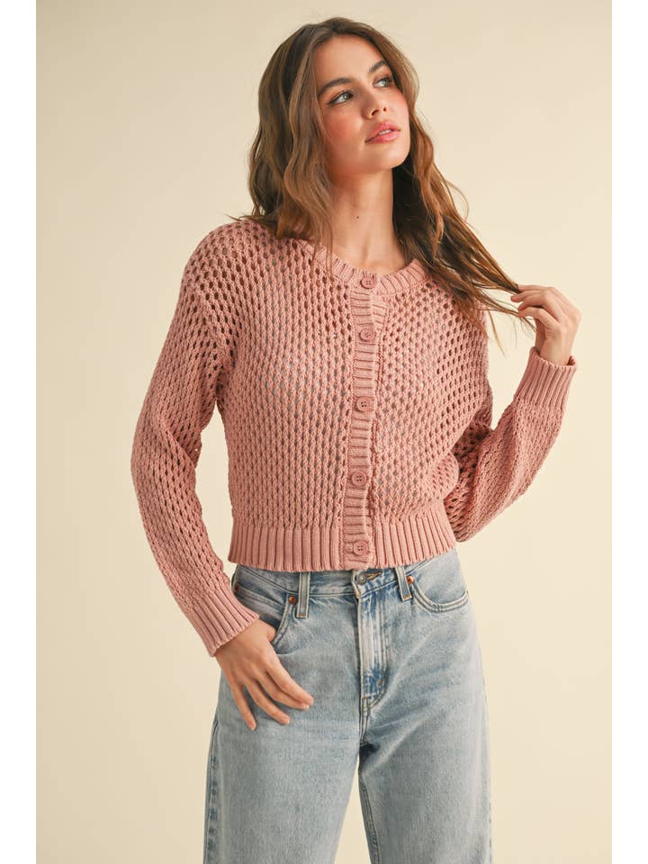 MIOU MUSE - Wholesale Cardigan - Women's - J2844 CROCHET KNITTED BUTTONDOWN CARDIGAN