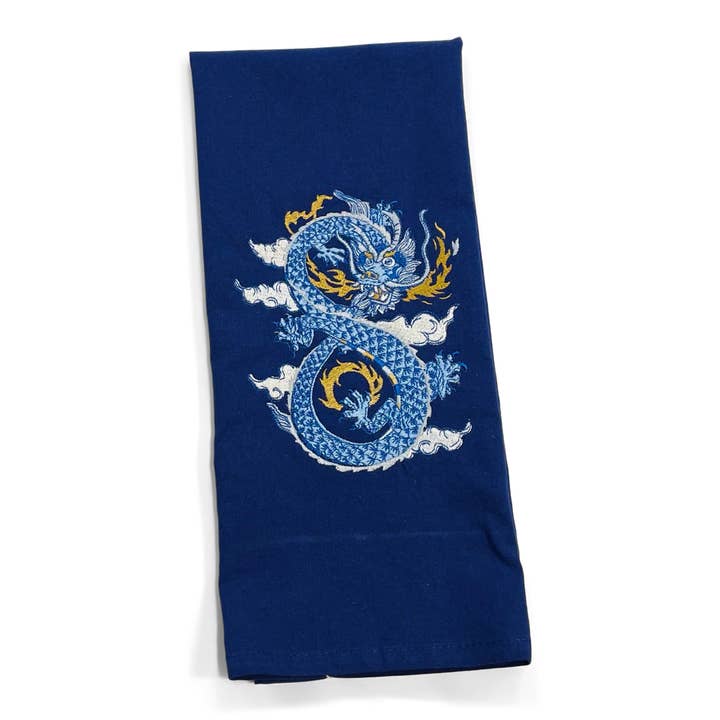 Towel - Chinoiserie Dragon on navy for wholesale by Vibrantly Blue