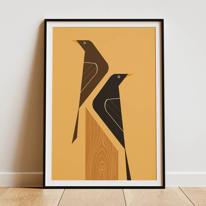 Simple Blackbird Pair - Retro print for wholesale by Mr Watson Design
