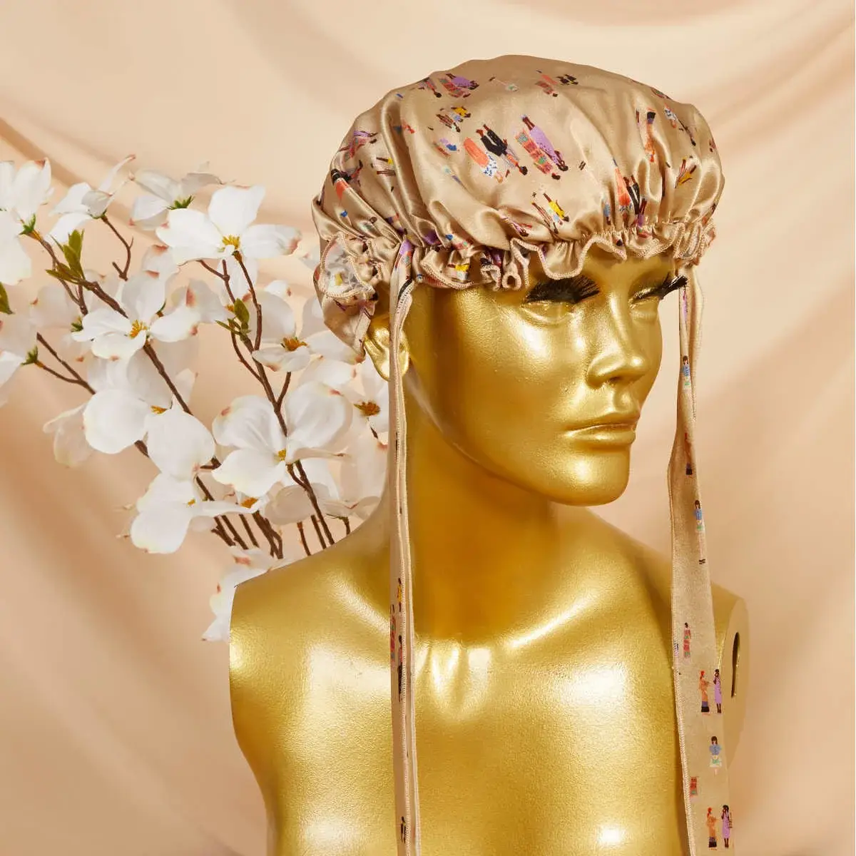 Gilded Fox Silk – wholesale Sleep cap / bonnet – women's – People Print Champagne Virginia Bonnet1