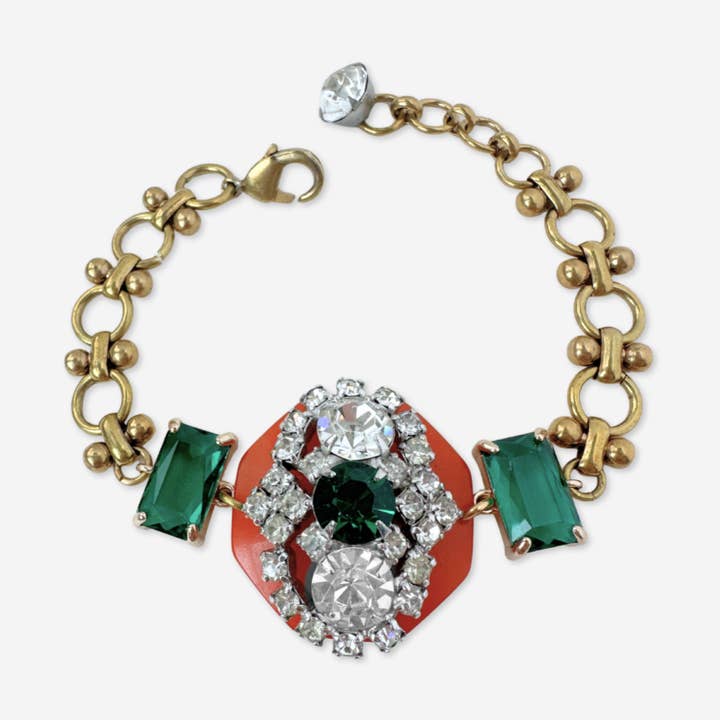 Refashioned Vintage orange, green, and clear rhinestone assemblage bracelet for wholesale by Lulu’s Petals