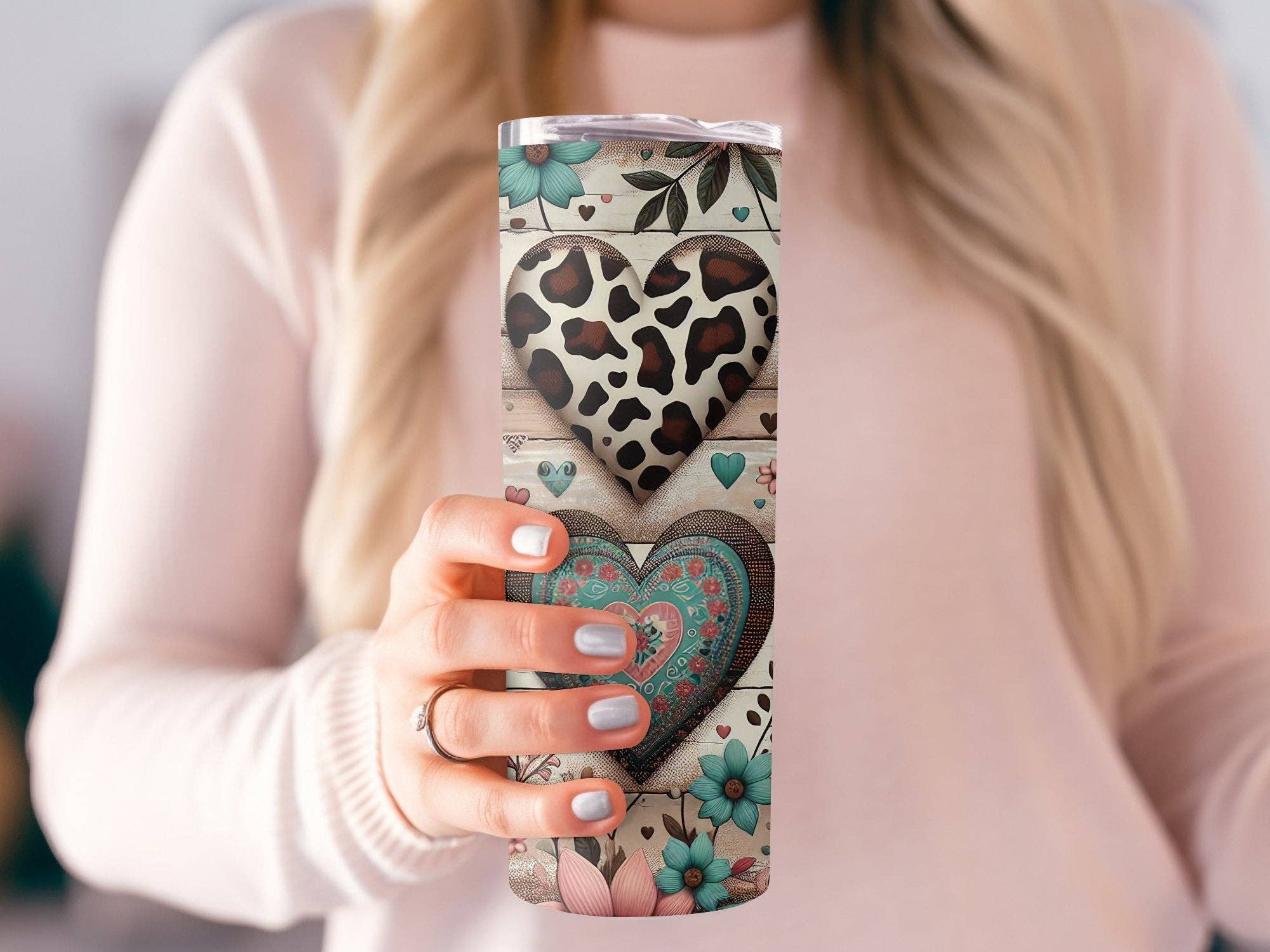 White Boho Heart Tumbler, Floral Love Pattern, Shabby Chic Insulated Cup, Unique Gift for Her, Customizable Name Drinkware, 20oz Travel Mug for wholesale on Faire2