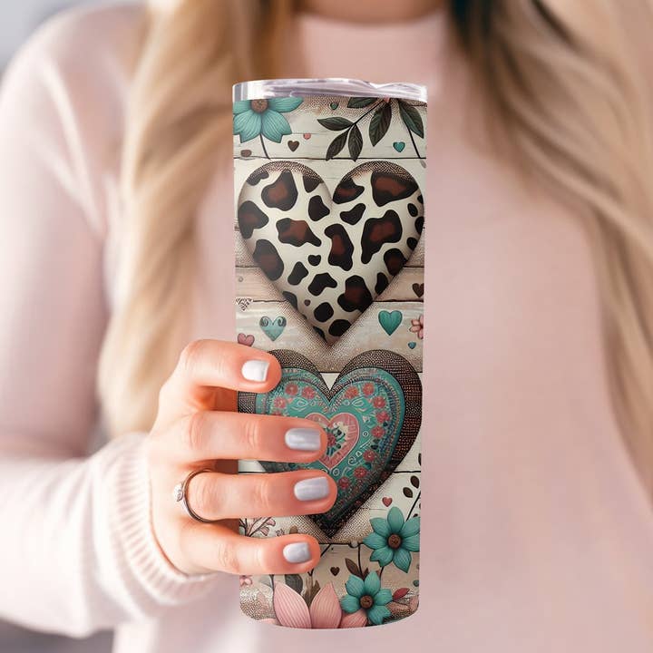 White Boho Heart Tumbler, Floral Love Pattern, Shabby Chic Insulated Cup, Unique Gift for Her, Customizable Name Drinkware, 20oz Travel Mug for wholesale on Faire2