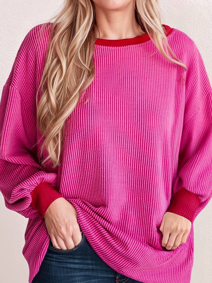 Haut à col rond à rayures et à épaules tombantes contrastantes (S-XL) pour la vente par 66DISCO