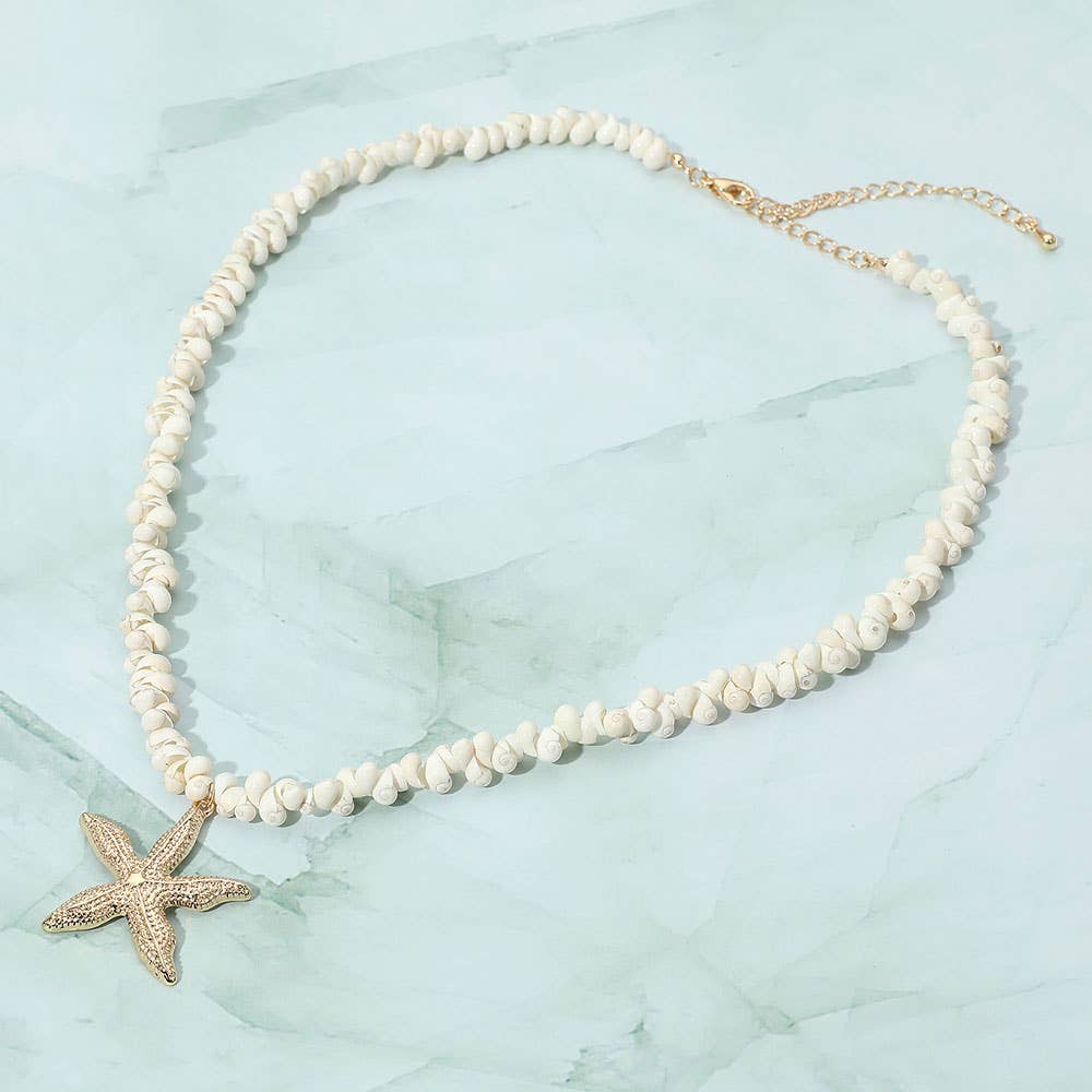 Sensibling Corp. - Wholesale Pendant/Charm Necklace - Gold Starfish Pendant White Shell Bead Necklace2